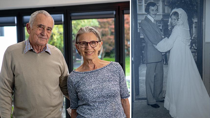 Two images. On the left, there is a photo of Tony and Anne Hoad standing together, both smiling. On the right, there is a photograph of their wedding with Tony in a suit and Anne in a long white dress.