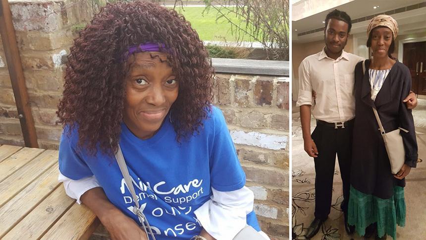 Two images. On the left is an image of Christine Knight, a black woman in her 50s, wearing a t-shirt advertising the Mind Young Onset Dementia Activist group. She is leaning against a wooden table. On the right is an image of Jonathan Knight, a young black man, standing with his arm around Christine Knight. 